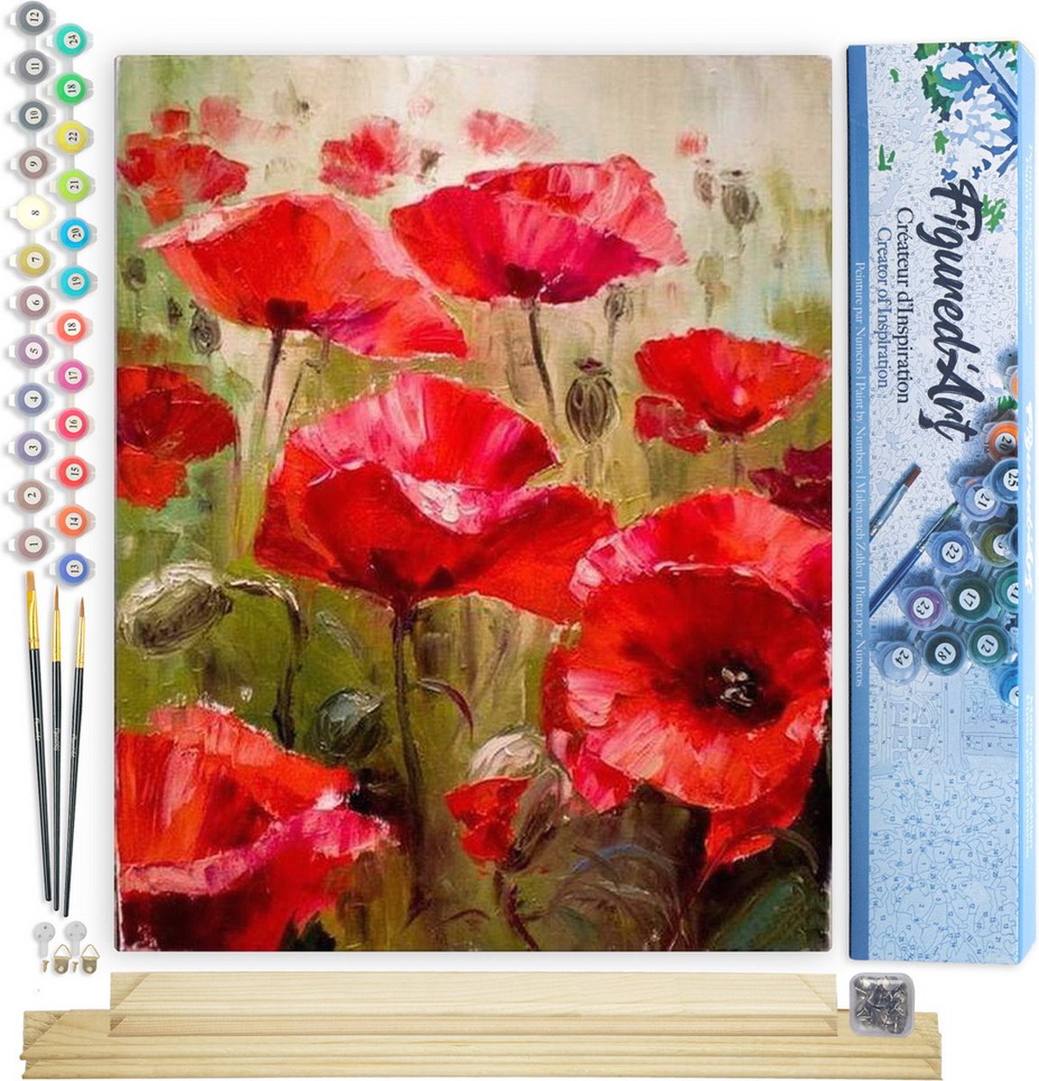 FiguredArt Schilderen op Nummer Volwassenen canvas Veld met klaprozen - Handwerk acrylverf Kit DIY Compleet - 40x50cm met DIY houten lijst